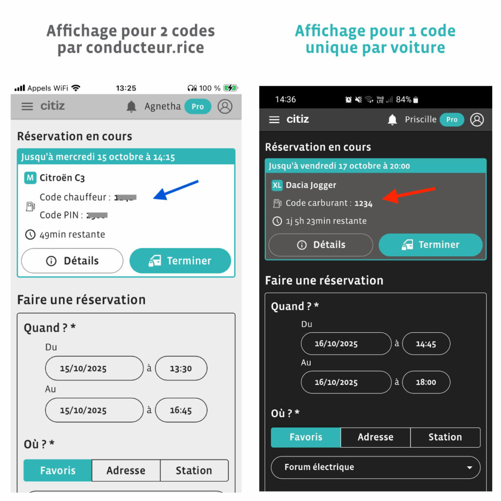 Exemples d'affichage des codes carburant selon s'il s'agit d'une ancienne ou d'une nouvelle carte